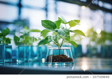 Plant research, green plant in a glass jar in a laboratory. Ecological breeding and plant development. Plant research, green plant in a glass jar in a laboratory. Ecological breeding and plant development. 107589640