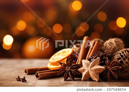 Traditional Christmas spices and dried orange slices on holiday light background. Christmas spices decoration 107589654