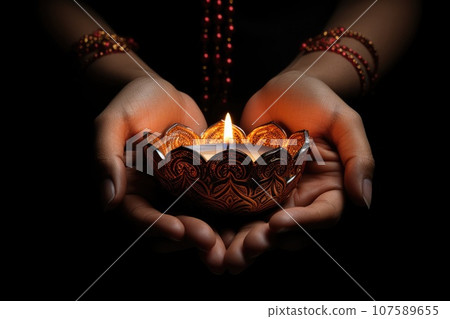 Woman hands with henna holding colorful clay diya lamps lit during diwali celebration 107589655