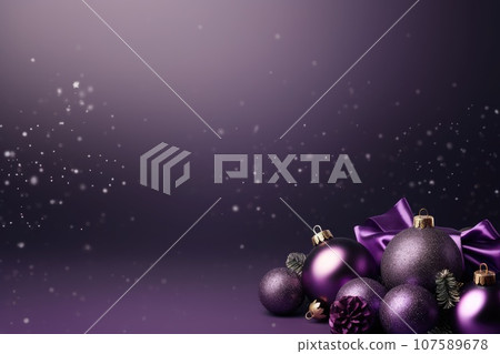 Christmas decorations with purple christmas balls and place for text. Christmas decorations with purple christmas balls and place for text. 107589678