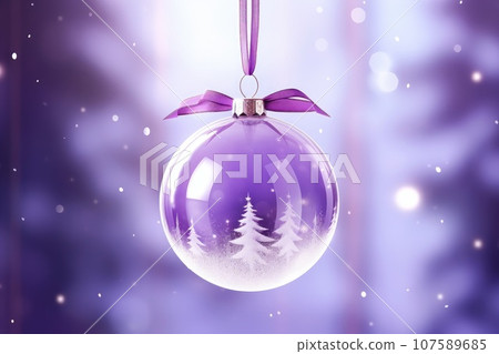 Purple glass christmas ball hanging on ribbons. Home christmas decoration Purple glass christmas ball hanging on ribbons. Home christmas decoration 107589685