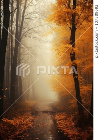 Magic autumn forest with walking path, beautiful autumn landscape. Magic autumn forest with walking path, beautiful autumn landscape. 107589692
