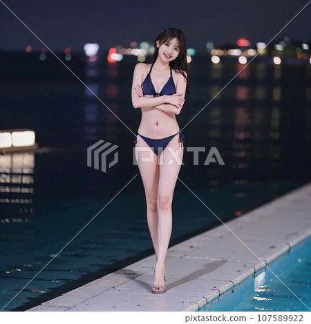 AI image of a woman in a model-like pose in a bikini swimsuit at the night pool AI photo AI image of a woman in a model-like pose in a bikini swimsuit at the night pool AI photo 107589922