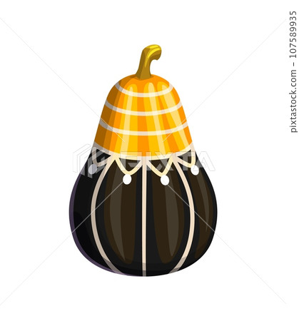 Halloween painted pumpkin with holiday ornament. Isolated vector orange and black festive gourd with white stripes, creating a playful and eye-catching decoration in celebratory spirit of the holiday Halloween painted pumpkin with holiday ornament. Isolated vector orange and black festive gourd with white stripes, creating a playful and eye-catching decoration in celebratory spirit of the holiday 107589935