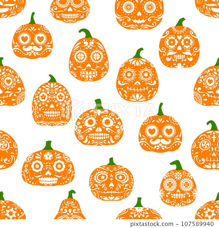Halloween party mexican pumpkins seamless pattern. Wrapping paper backdrop, textile vector pattern or fabric holiday background with funny pumpkin mexican sugar skull, Halloween ornate Jack o lanterns 107589940