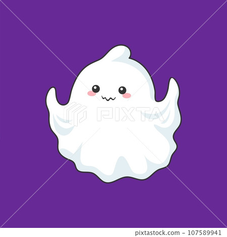Cartoon kawaii halloween ghost character. Adorable vector white sheet phantom with a mischievous charm, playfully frightens with a cheerful boo, adding a cute and friendly twist to the spooky season 107589941