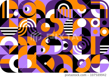 Abstract halloween Bauhaus geometric pattern. Artwork abstract forms composition, corporate identity modernism vector backdrop, design retro background. Business presentation vintage Bauhaus pattern 107589942