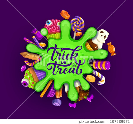 Halloween sweets with green slime blob vector trick or treat party sweet food. Cartoon pumpkin cakes, corn candies, chocolate cupcakes, toffee eyeball and caramel lollipops, witch finger cookie, jelly Halloween sweets with green slime blob vector trick or treat party sweet food. Cartoon pumpkin cakes, corn candies, chocolate cupcakes, toffee eyeball and caramel lollipops, witch finger cookie, jelly 107589971
