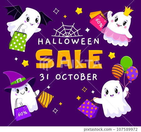 Halloween sale banner with cute kawaii ghosts and shopping bags. Vector special offer card or discount voucher of funny cartoon ghosts characters, witch hat, bat wings, air balloons and crown Halloween sale banner with cute kawaii ghosts and shopping bags. Vector special offer card or discount voucher of funny cartoon ghosts characters, witch hat, bat wings, air balloons and crown 107589972