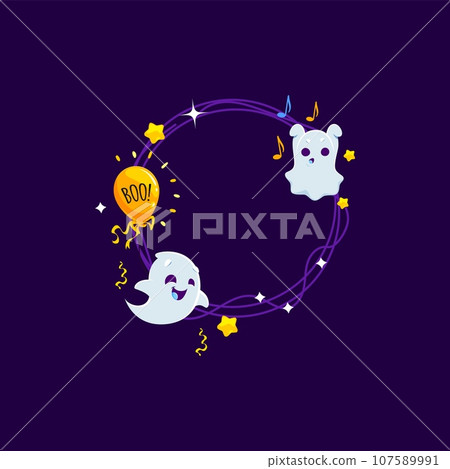 Halloween holiday frame with kawaii ghosts. Empty vector round border adorned with adorable cartoon spooks saying boo, stars, balloon, confetti and musical notes, perfect for capturing spooky memories 107589991