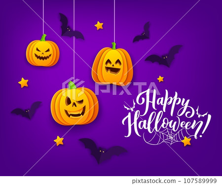 Halloween paper cut pumpkins and flying bats, spooky trick or treat holiday greeting card. Vector 3d papercut hanging pumpkin lanterns with carved funny faces, origami bats, gold stars and cobweb Halloween paper cut pumpkins and flying bats, spooky trick or treat holiday greeting card. Vector 3d papercut hanging pumpkin lanterns with carved funny faces, origami bats, gold stars and cobweb 107589999