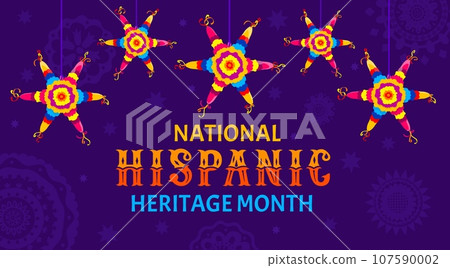 National hispanic heritage month banner with pinata stars on spanish mexican floral pattern background. Hispanic community culture festival vector poster with bright color paper pinatas and flowers National hispanic heritage month banner with pinata stars on spanish mexican floral pattern background. Hispanic community culture festival vector poster with bright color paper pinatas and flowers 107590002