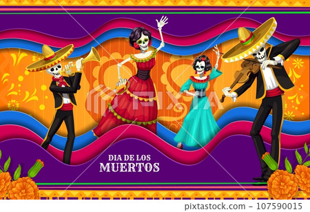 Cartoon dia de los muertos day of the dead mexican holiday paper cut banner. Catrin and mariachi skeletons wear traditional costumes dancing and playing violin or trumpet inside of 3d vector frame Cartoon dia de los muertos day of the dead mexican holiday paper cut banner. Catrin and mariachi skeletons wear traditional costumes dancing and playing violin or trumpet inside of 3d vector frame 107590015
