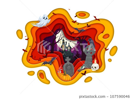 Halloween paper cut holiday banner with flying bats and ghost, dark castle landscape, cartoon vector. Halloween and trick or treat banner with pumpkin, skull and tombstones on cemetery in paper cut 107590046
