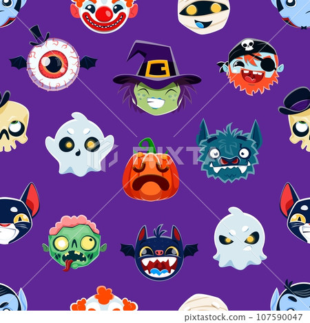 Cartoon Halloween emoji characters seamless pattern. Vector background with witch, eyeball, ghost and zombie. Bat, pirate, skull and sinister clown. Black cat, vampire and jack lantern emoticon faces 107590047