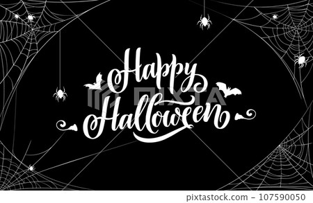 Happy halloween banner with cobweb and spiders. White vector typography with bats and creepy spiders on black background with tangled spiderweb frame. Party poster with scary script and spooky design 107590050