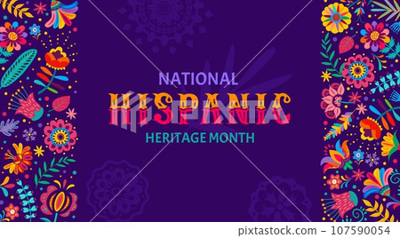 National hispanic heritage month festival banner with tropical flowers and plants vector pattern. Hispanic american culture holiday celebration card with borders of cartoon ethnic floral ornaments National hispanic heritage month festival banner with tropical flowers and plants vector pattern. Hispanic american culture holiday celebration card with borders of cartoon ethnic floral ornaments 107590054