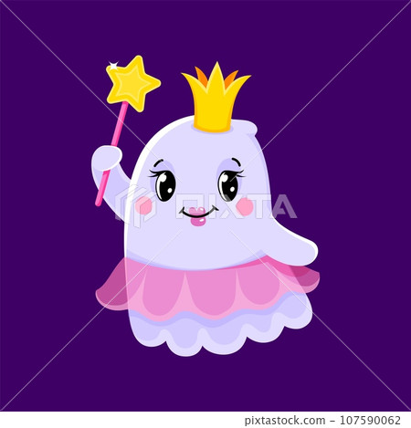Cartoon cute Halloween kawaii ghost character dons a delightful fairy costume, complete with a sparkling wand, golden crown and pink dress, creating an endearing blend of spooky and enchanting Cartoon cute Halloween kawaii ghost character dons a delightful fairy costume, complete with a sparkling wand, golden crown and pink dress, creating an endearing blend of spooky and enchanting 107590062