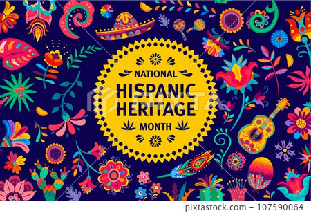 National hispanic heritage month flyer with papel picado banner. Vector background of spanish american floral pattern with cartoon flowers, mexican sombrero hat and latino guitar, cactus and palms National hispanic heritage month flyer with papel picado banner. Vector background of spanish american floral pattern with cartoon flowers, mexican sombrero hat and latino guitar, cactus and palms 107590064