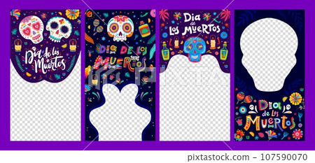 Dia de Los Muertos Mexican holiday social media templates for blog and posts, vector frames. Mexican calavera skulls, tequila and maracas with candles for Day of Dead or Dia de Los Muertos celebration 107590070