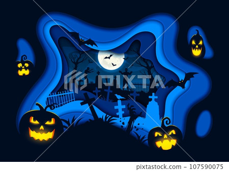 Halloween paper cut scary banner with zombie, danger pumpkin lanterns and cemetery, vector silhouette. Halloween holiday horror night zombie hand in grave and tombstones on night cemetery in paper cut Halloween paper cut scary banner with zombie, danger pumpkin lanterns and cemetery, vector silhouette. Halloween holiday horror night zombie hand in grave and tombstones on night cemetery in paper cut 107590075