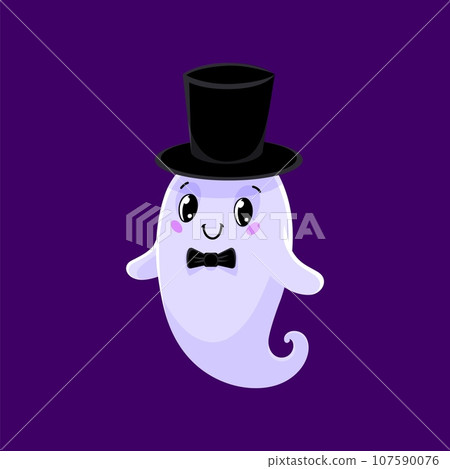 Cartoon cute Halloween kawaii ghost character dons stylish gentleman attire. Isolated adorable vector spook in top hat and bow tie, ready to haunt the party with elegant cuteness and fashionable charm Cartoon cute Halloween kawaii ghost character dons stylish gentleman attire. Isolated adorable vector spook in top hat and bow tie, ready to haunt the party with elegant cuteness and fashionable charm 107590076