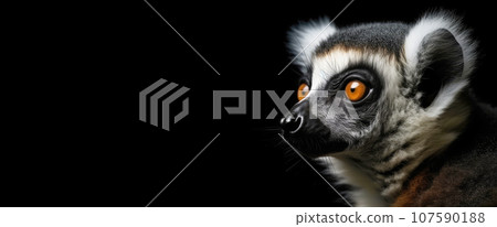 Lemur head, a mammalian animal close up. The image on the right, the lemur head on the black isolated panoramic background of the banner. 107590188