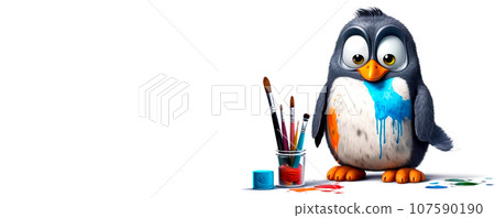 Cartoon Pixar curious funny penguin got dirty with blue and orange paint. Nearby is a glass with tassels or brush next to it. Image on a white isolated background banner. Artist. 107590190