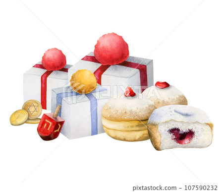 Watercolor Hanukkah gifts with Jewish donuts, dreidel and coins hand drawn isolated illustration for greeting card Watercolor Hanukkah gifts with Jewish donuts, dreidel and coins hand drawn isolated illustration for greeting card 107590232