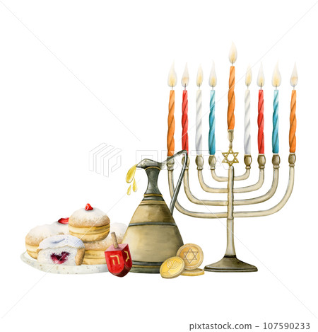 Watercolor Hanukkah banner template illustration isolated on white background with menorah with candles, dreidel, traditional donuts, sufganiyot, coins gelt for holiday greetings 107590233