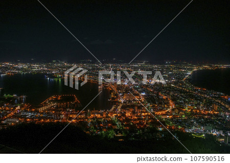 Hakodate City, night view from Mt. Hakodate summit observation deck Hakodate City, night view from Mt. Hakodate summit observation deck 107590516
