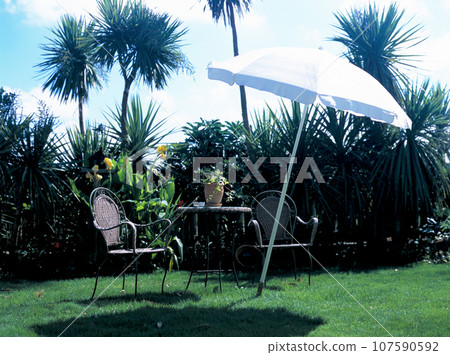 Garden chairs, tables, and umbrellas with a tropical feel 107590592
