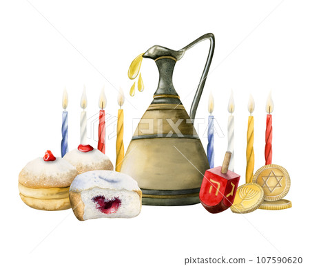 Hanukkah miracle horizontal banner watercolor illustration with jug of olive oil, candles, dreidel, traditional sufganiyot donuts and gold coins Hanukkah miracle horizontal banner watercolor illustration with jug of olive oil, candles, dreidel, traditional sufganiyot donuts and gold coins 107590620