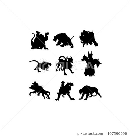 Cerberus animal three head set silhouette icon Cerberus animal three head set silhouette icon 107590996