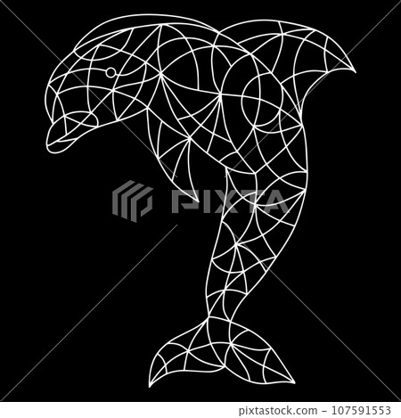 Jumping Dolphin Illustration in Stained Glass Style Window. Black and White Dolphin Coloring Book with a Hand Drawn Mosaic Tiles. Jumping Dolphin Illustration in Stained Glass Style Window. Black and White Dolphin Coloring Book with a Hand Drawn Mosaic Tiles. 107591553