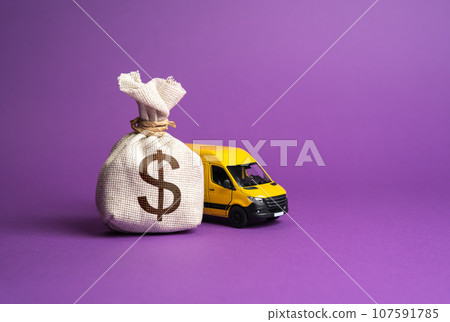 Dollar money bag and delivery van. Freight transportation. Logistics industry, driver shortages. Invest in electric and autonomous vehicles. Last-mile delivery services. Supply chain resilience. Dollar money bag and delivery van. Freight transportation. Logistics industry, driver shortages. Invest in electric and autonomous vehicles. Last-mile delivery services. Supply chain resilience. 107591785