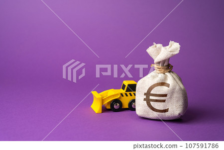Bulldozer and euro money bag. Construction equipment rental. Demolition services, land leveling and other land works. Take down Illegal buildings. Industry machinery for rent 107591786