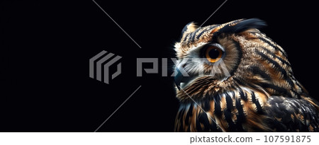 Owl head in profile or side close-up. Panoramic image of the owl's head on the left against the background of a black isolated banner. Owl head in profile or side close-up. Panoramic image of the owl's head on the left against the background of a black isolated banner. 107591875