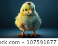 Cute little yellow chicken with a black tuft stands tall on an isolated blue background.  107591877