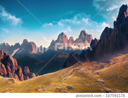 Fantastic mountain landscape. Dramatic scene. 3D rendering. Generative AI 107592178