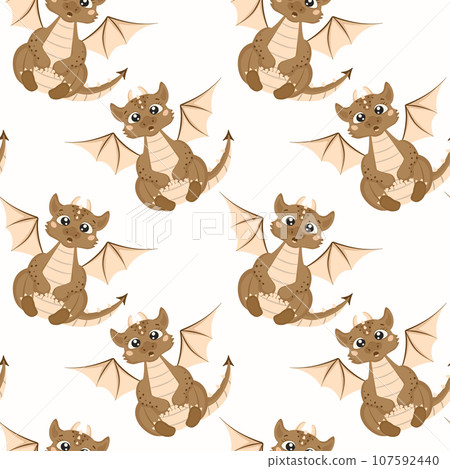 Seamless pattern with a cute surprised dragon on a white background in cartoon style. A little dinosaur. Vector illustration. 107592440