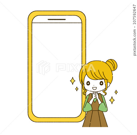 Illustration of a girl with sparkling eyes and a smartphone 107592647