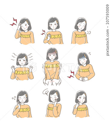 Illustration of variations of a girl who is unwell 107593009