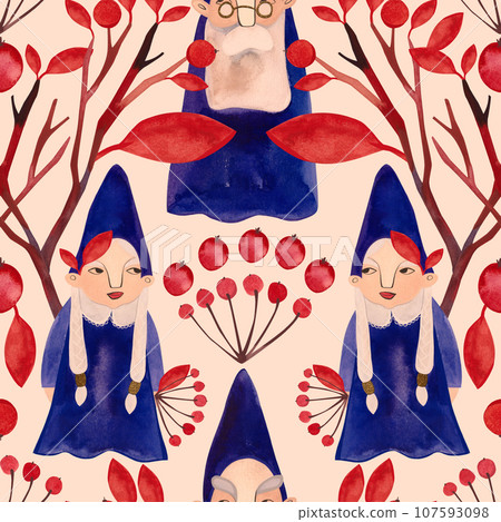 Autumn gnomes. Watercolor seamless pattern for fabrics, home textiles, clothes and wrapping paper. Fairytale vintage style. Beige background. 107593098
