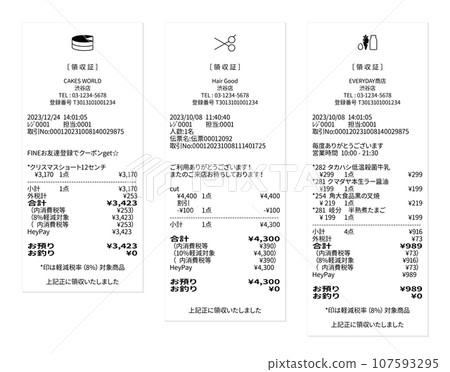 Includes invoice registration number. Realistic dummy receipt from small store. Set of reduced tax rate, discount, and QR code payment. Includes invoice registration number. Realistic dummy receipt from small store. Set of reduced tax rate, discount, and QR code payment. 107593295