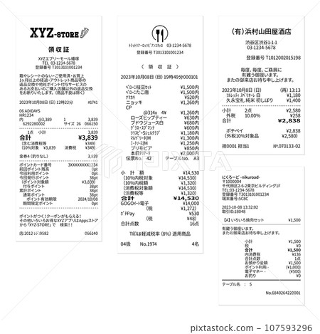 A set of realistic dummy receipts from shops and restaurants that accept meal tickets and local currency, including invoice registration numbers. 107593296