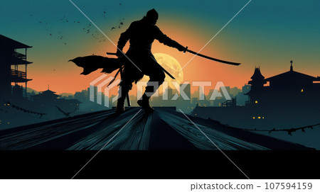 silhouette Ninja standing action on the rooftop of Japanese culture silhouette Ninja standing action on the rooftop of Japanese culture 107594159