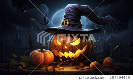 Halloween pumpkin head jack lantern on dark background Halloween pumpkin head jack lantern on dark background 107594439