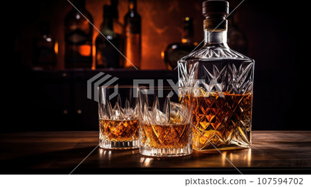 close-up Whiskey bottle and glasses on the bar counter close-up Whiskey bottle and glasses on the bar counter 107594702