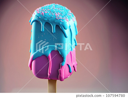Ice cream on a stick with pink and blue paint. 3d rendering. Generative AI. Ice cream on a stick with pink and blue paint. 3d rendering. Generative AI. 107594780